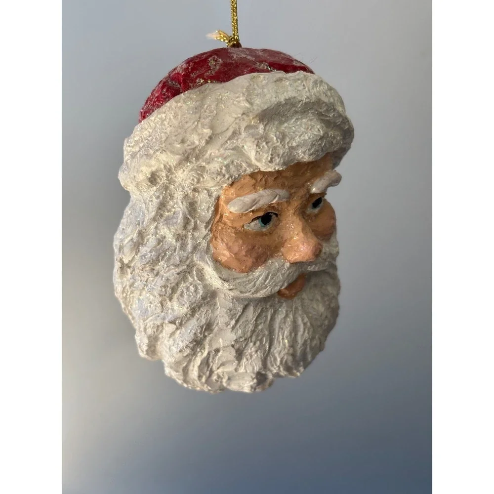 Vintage Style‎ Santa Claus Head Christmas Ornament Red White Glitter 4 Inch
